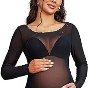 Pregnant Women Fashion Sexy High Stretch Mesh Perspective Round Neck Long Sleeve Dress - Image 4