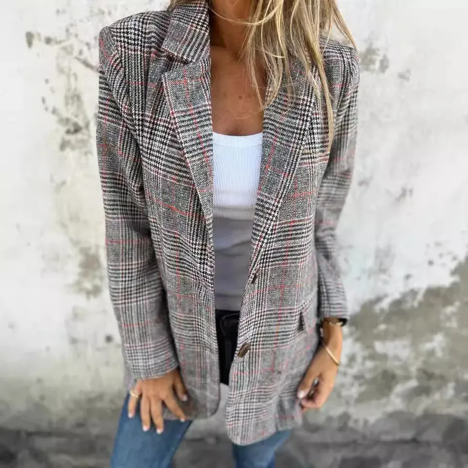 Autumn Winter Women Fashion Vintage Houndstooth Lapel Blazer Jacket