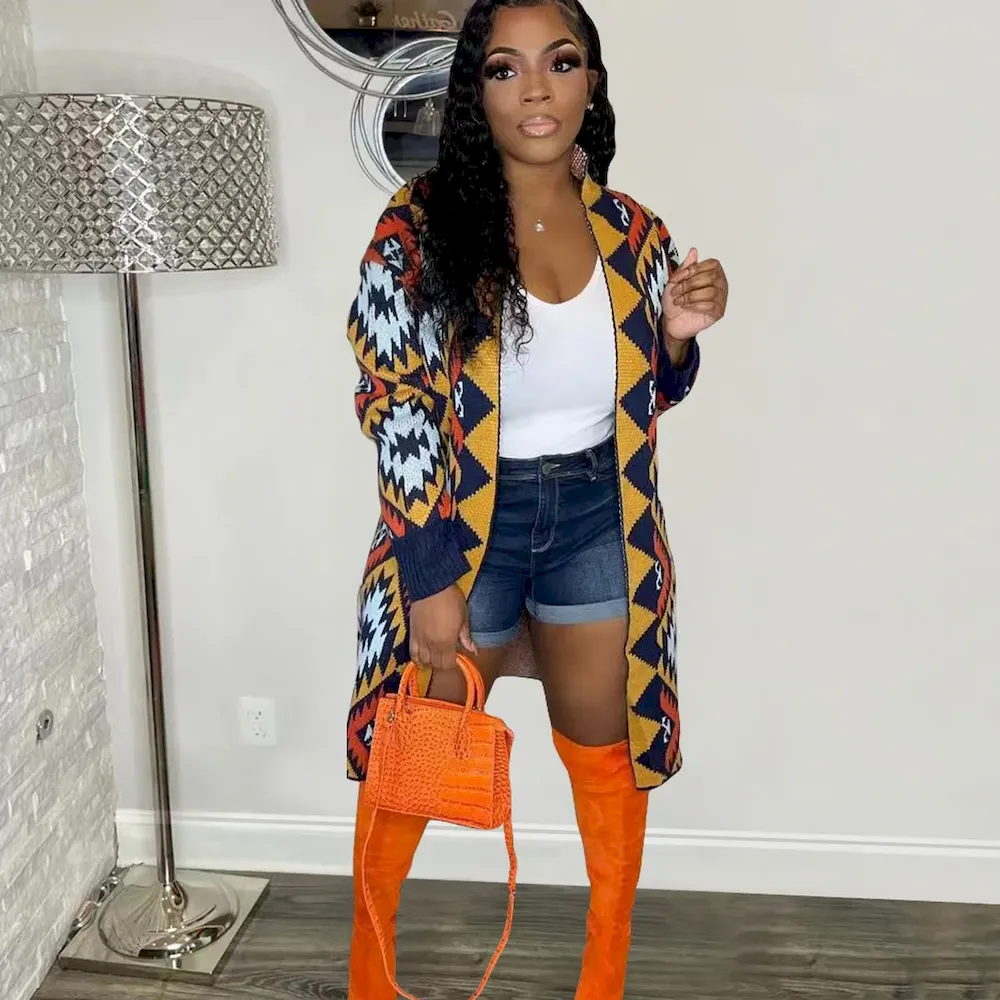 Women Fashion Geometric Long Sleeve Knitted Long Coat