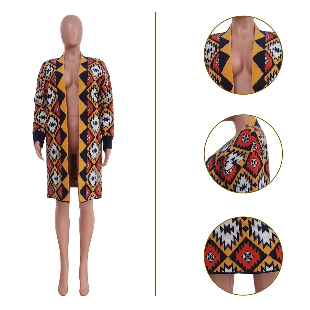 Women Fashion Geometric Long Sleeve Knitted Long Coat - Image 3