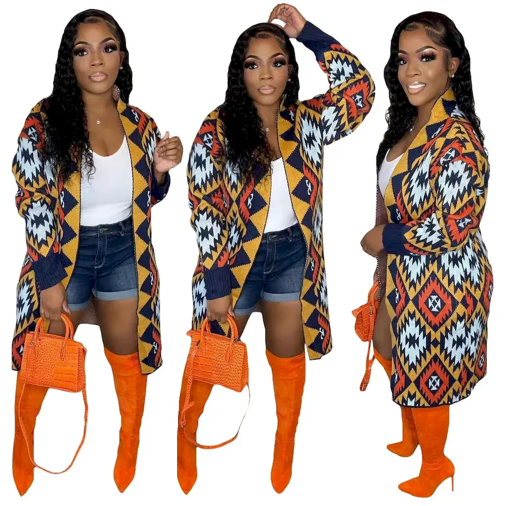 Women Fashion Geometric Long Sleeve Knitted Long Coat - Image 4