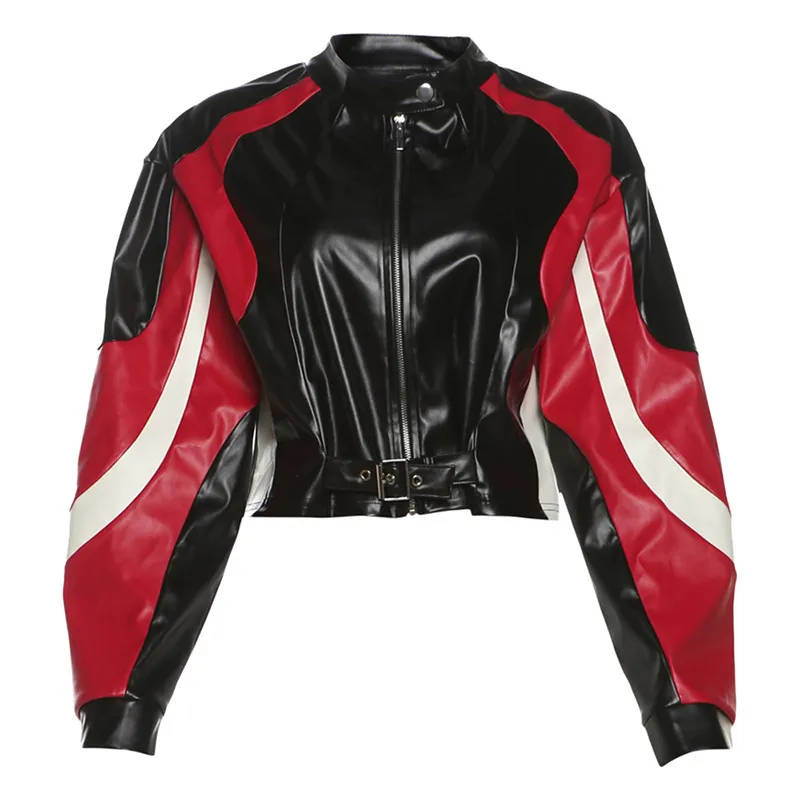 Autumn And Winter Women Fashion Motorcycle Color Contrast Slim Round Neck Pu Leather Jacket Coat - Image 6