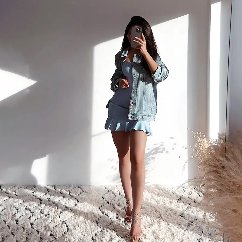 Women Sexy Ruffled Hemline Solid Color Tube Dress - Image 3