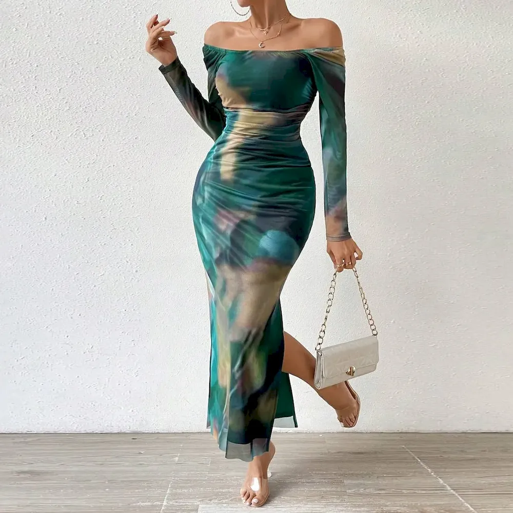 Women Sexy Shoulder Print Mesh Bodycon Maxi Dress