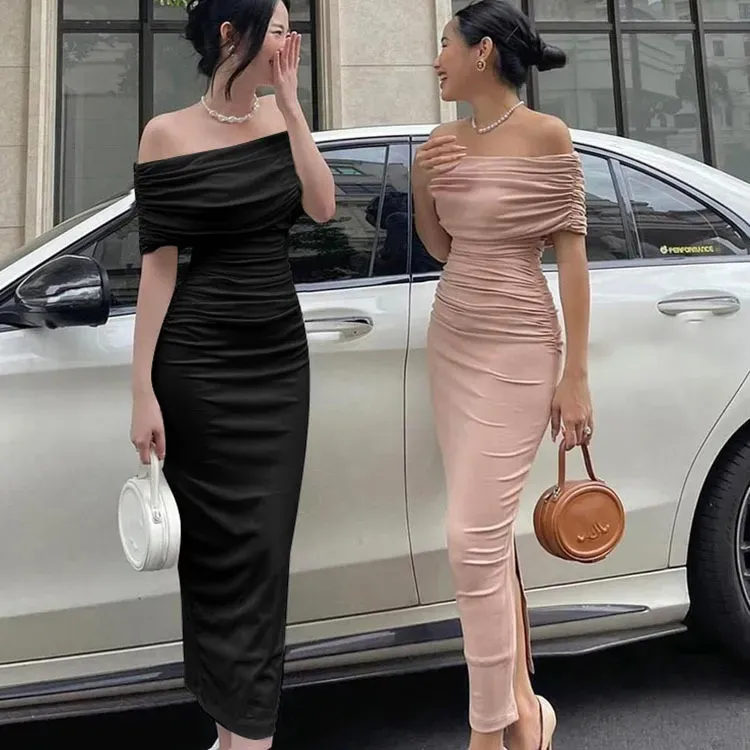 Women Solid Spring Off Shoulder Pleated Slim-Fit Split Maxi Dress