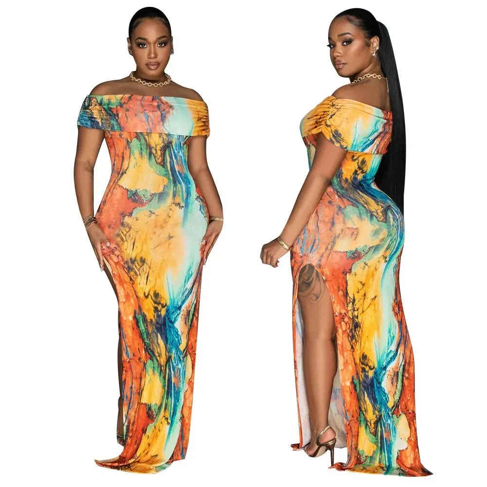 Fashion Women Off-Shoulder Sexy High Split Tie Dye Print Maxi Dress - Image 3