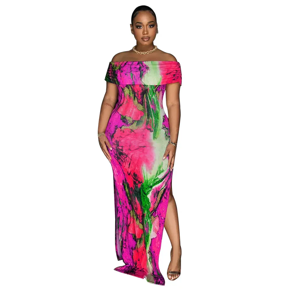 Fashion Women Off-Shoulder Sexy High Split Tie Dye Print Maxi Dress - Image 5
