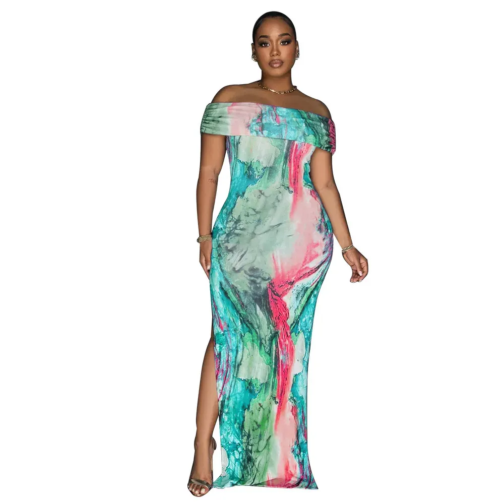 Fashion Women Off-Shoulder Sexy High Split Tie Dye Print Maxi Dress - Image 6