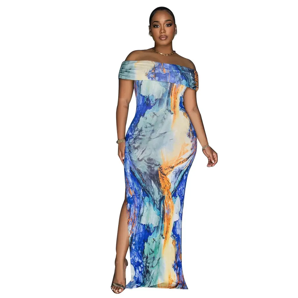 Fashion Women Off-Shoulder Sexy High Split Tie Dye Print Maxi Dress - Image 7