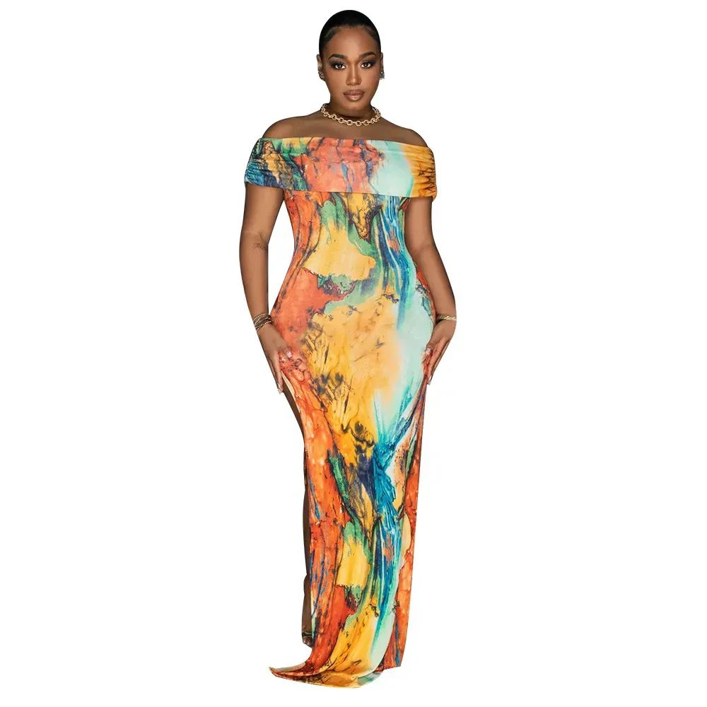 Fashion Women Off-Shoulder Sexy High Split Tie Dye Print Maxi Dress - Image 9