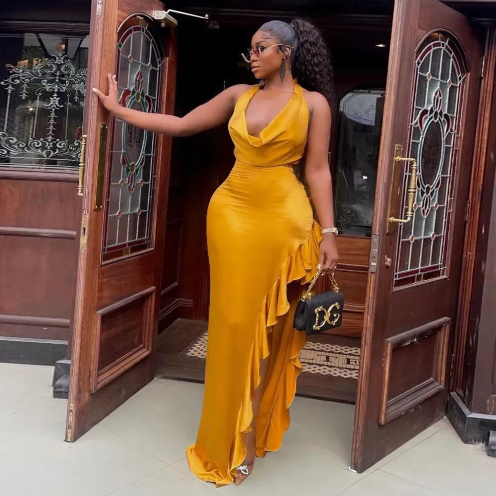 Women Sexy Backless Ruffled Halter Neck Dress