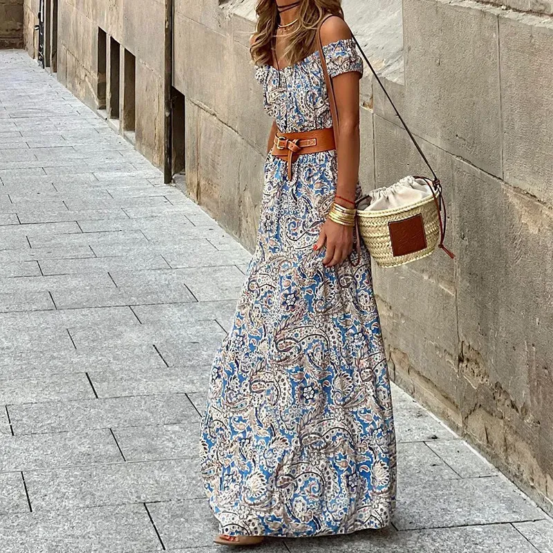 Women Fashion Casual Boho One Shoulder Belt Short Sleeve Dress - Image 5