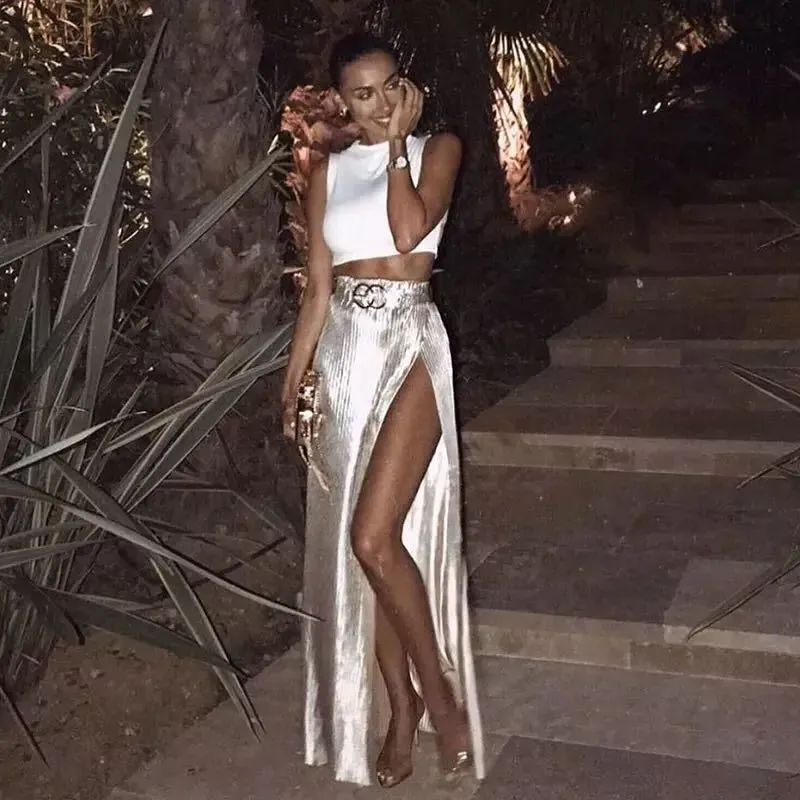 Women Fashion Sexy Solid Color Stripe Side Slit Skirt