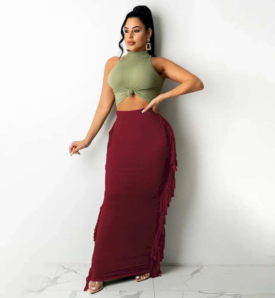 Women Fashion Slim-Fit Printed Stripe-Side Tassel Skirt