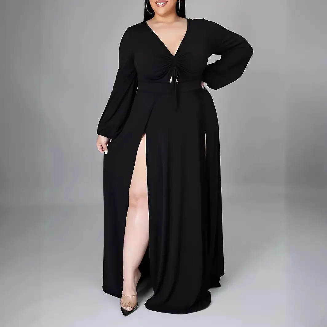 Women Fashion Sexy Long Sleeve Split Plus Size Dress