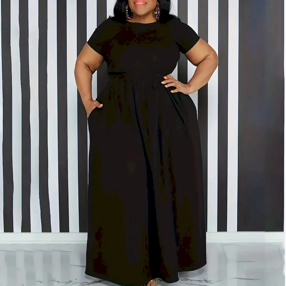 Women Casual Solid Color Tight Waist Short Sleeve Plus Size Dress