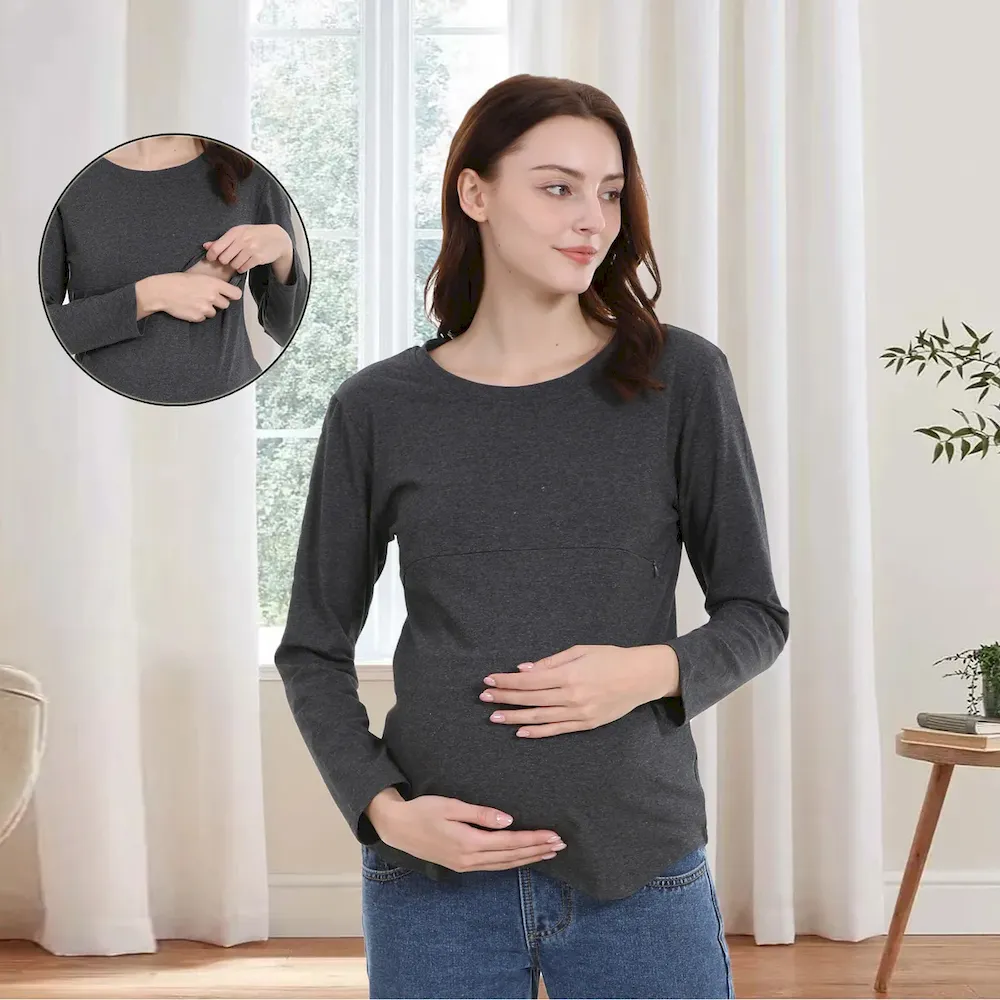 Women Casual Cotton Long-Sleeve Zipper Breastfeeding Pregnant Women T-Shirt - Image 3