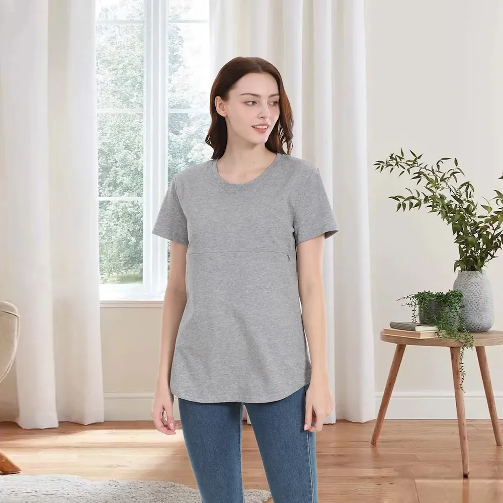 Women Casual Short-Sleeved Cotton Zipper Breastfeeding Pregnant Women T-Shirt - Image 4
