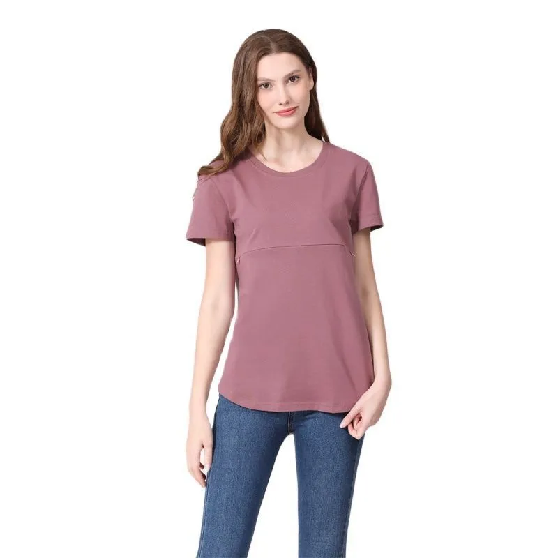Women Casual Short-Sleeved Cotton Zipper Breastfeeding Pregnant Women T-Shirt - Image 8
