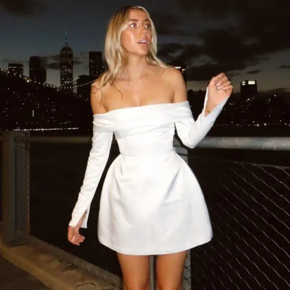 Women Fashion Sexy Solid Color Off Shoulder Long Sleeve Mini Dress