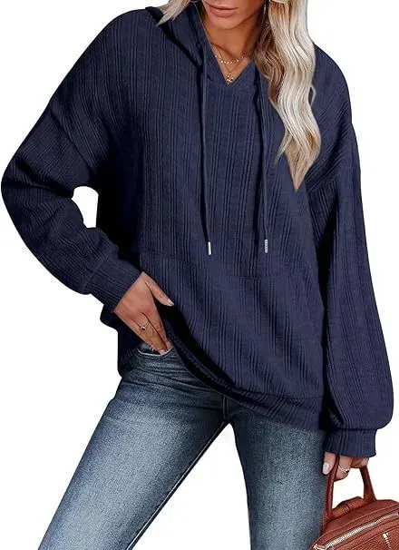 Women Autumn And Winter Casual Rib-Knit Pocket Loose Long Sleeve Hoodie - Image 8