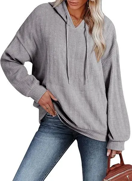 Women Autumn And Winter Casual Rib-Knit Pocket Loose Long Sleeve Hoodie - Image 9
