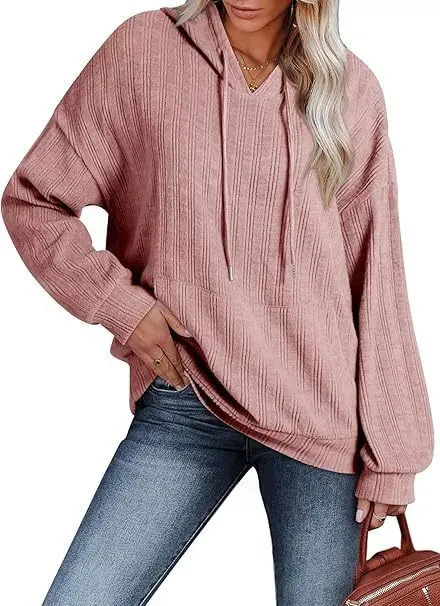 Women Autumn And Winter Casual Rib-Knit Pocket Loose Long Sleeve Hoodie - Image 11