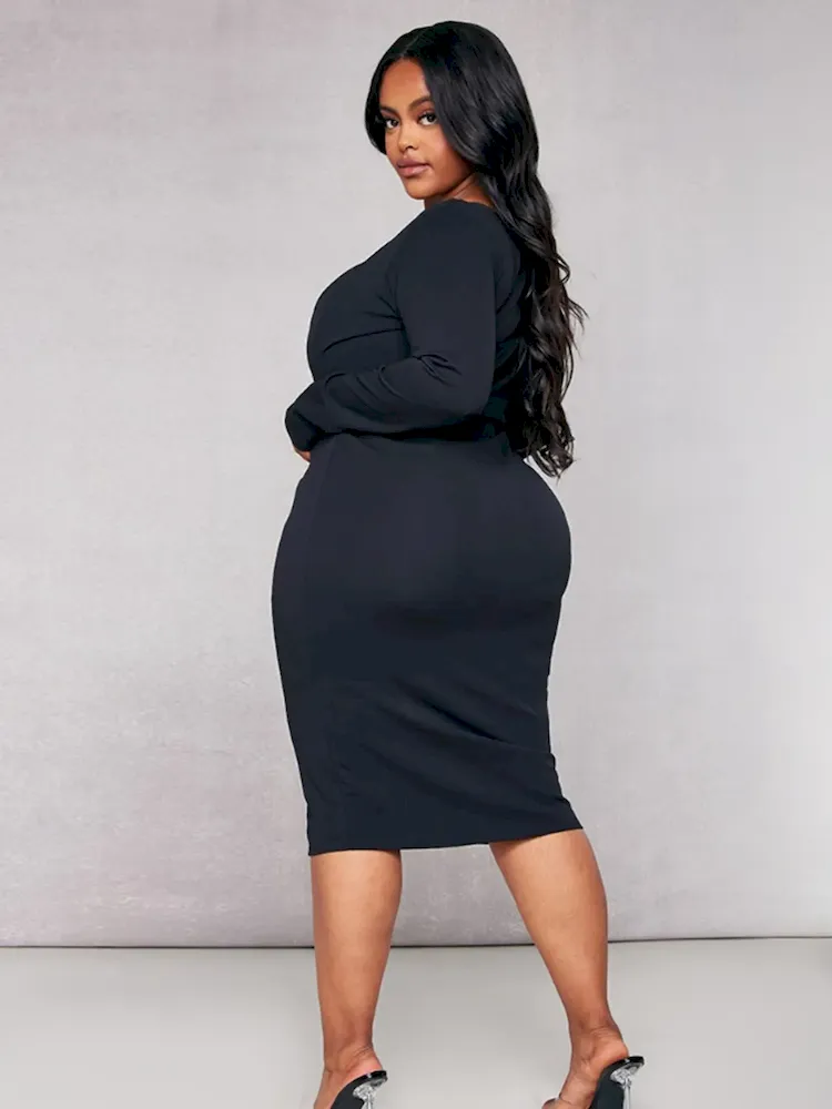 Women Fashion Elegant Plus Size V-Neck Long Sleeve High Waist Dress - Image 2