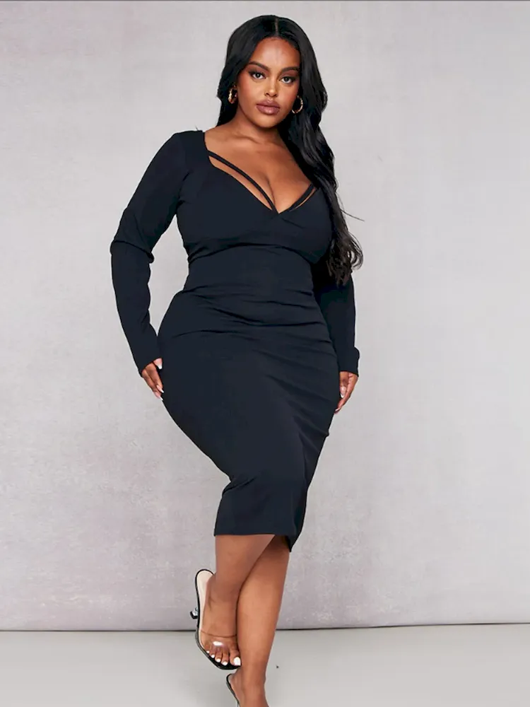 Women Fashion Elegant Plus Size V-Neck Long Sleeve High Waist Dress - Image 3