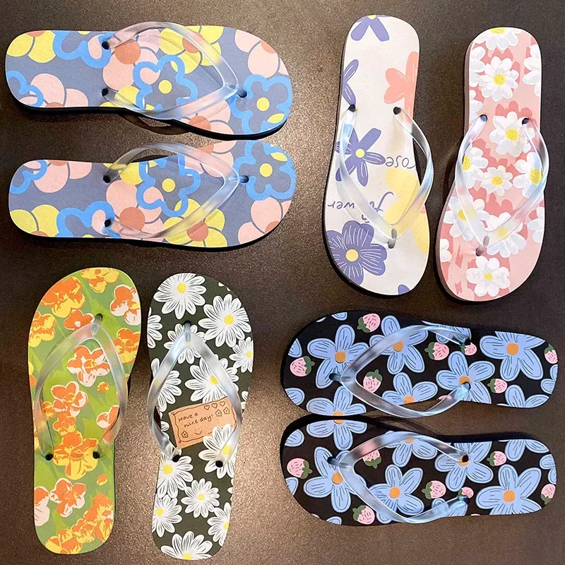 Women Fashion Casual Beach Floral Printed Non-Slip Flat Flip-Flops Slippers