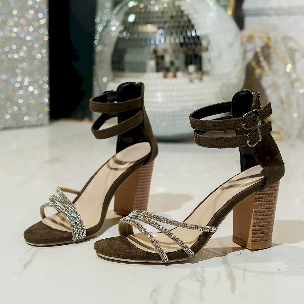 Women Fashion Elegant Suede Rhinestone Belt Thick High Heeled Sandals