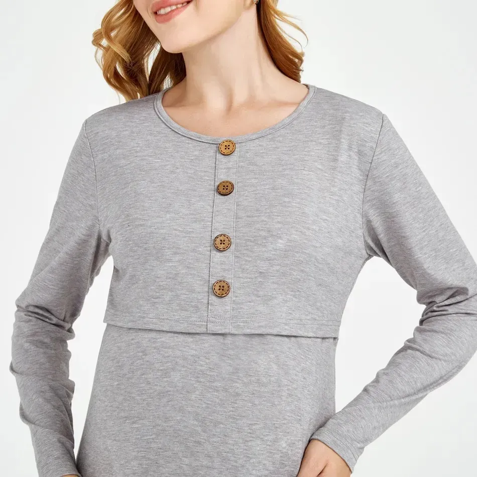 Pregnant Women Casual Solid Color Round Neck Long Sleeve Breastfeeding Dress - Image 3