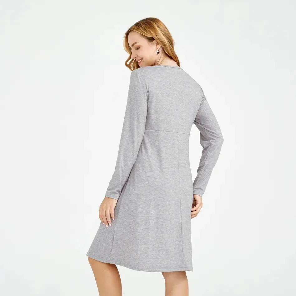 Pregnant Women Casual Solid Color Round Neck Long Sleeve Breastfeeding Dress - Image 4