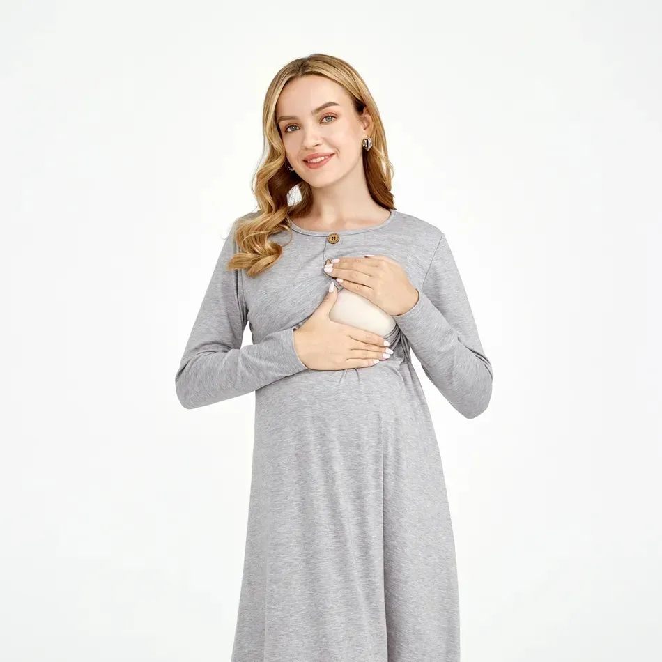 Pregnant Women Casual Solid Color Round Neck Long Sleeve Breastfeeding Dress - Image 5