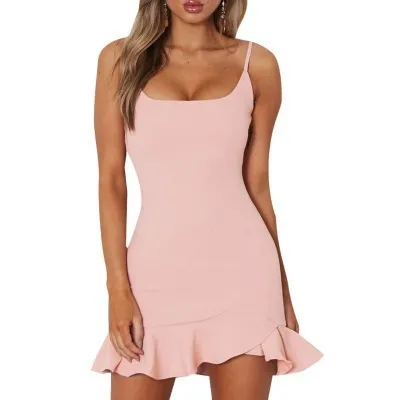 Women Fashion Sexy Solid Color Square Neck Backless Ruffled Camisole Dress - Image 6