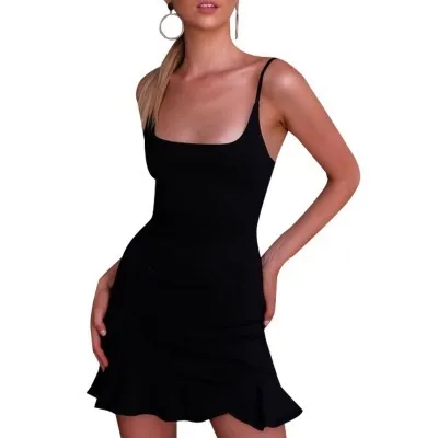Women Fashion Sexy Solid Color Square Neck Backless Ruffled Camisole Dress - Image 8