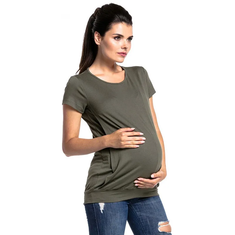Pregnant Women Casual Solid Color Round Neck Short Sleeve Breastfeeding T-Shirt - Image 6