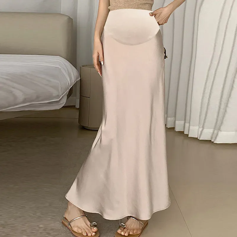 Pregnant Women Retro Solid Color Satin High-Waist Skirt