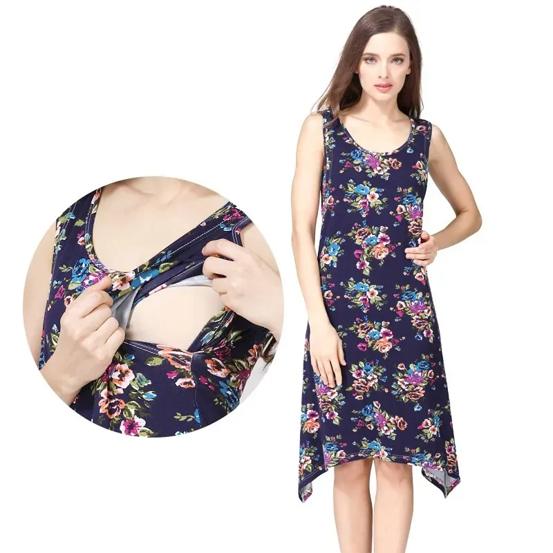 Summer Pregnant Women Fashion Loose Floral Printed Sleeveless Breastfeeding Dress