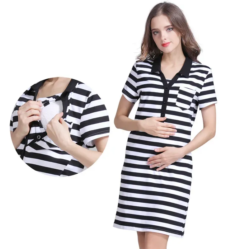 Summer Pregnant Women Fashion Stripe Printed Short Sleeve Nursing Dress