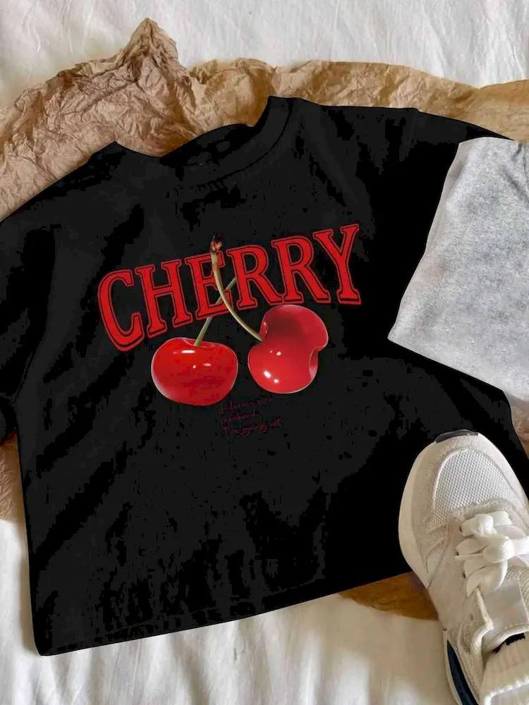 Women Fashion Cherry Print Short Sleeve Crop Top T-Shirt - Image 5