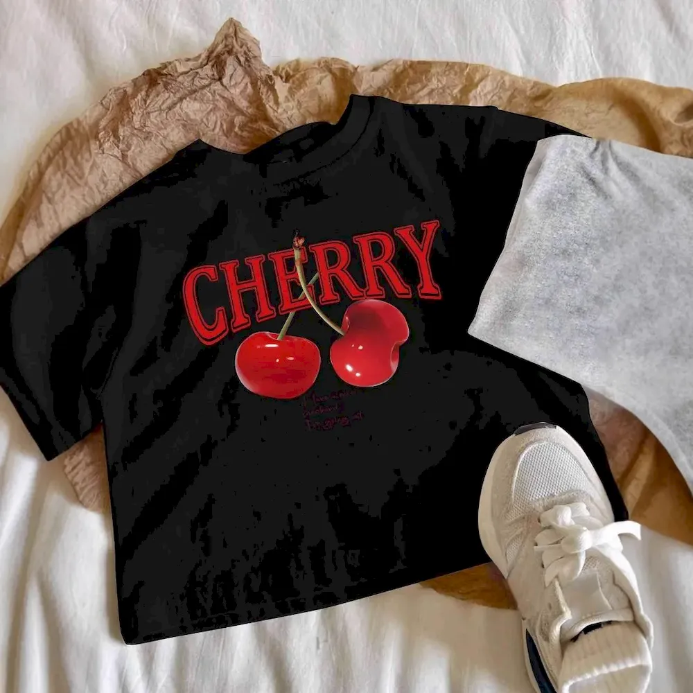 Women Fashion Cherry Print Short Sleeve Crop Top T-Shirt - Image 7