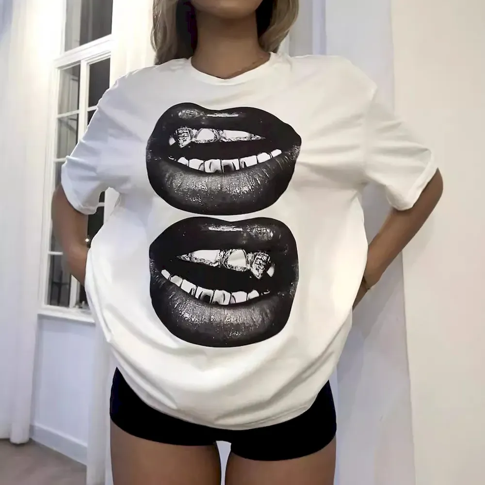 Women Fashion Casual Loose Lip Printed Short-Sleeve T-Shirt