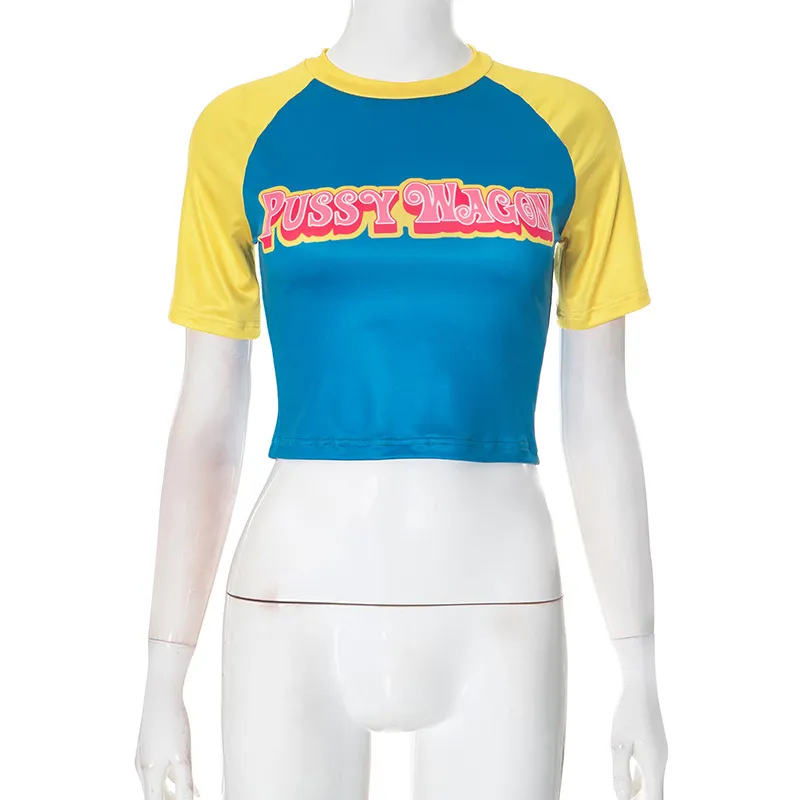 Women Fashion Casual Letter Print Contrast Color Round Neck Short-Sleeve T-Shirt - Image 5