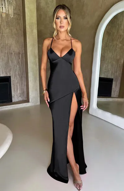 Women Summer Sexy Spaghetti Strap Solid Color Satin Backless Side-Slit Maxi Dress - Image 6