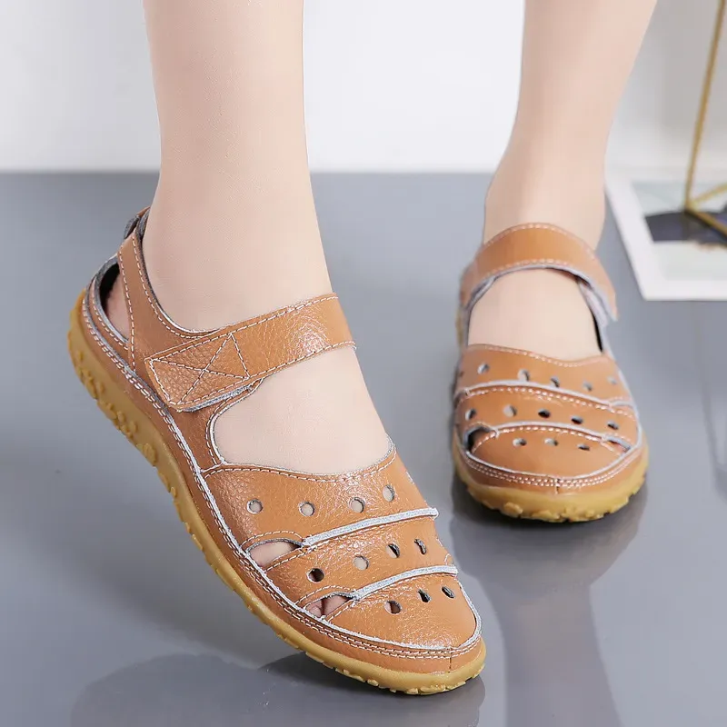 Women Fashion Casual Solid Color Hollow Hole Wedge Velcro Sandals