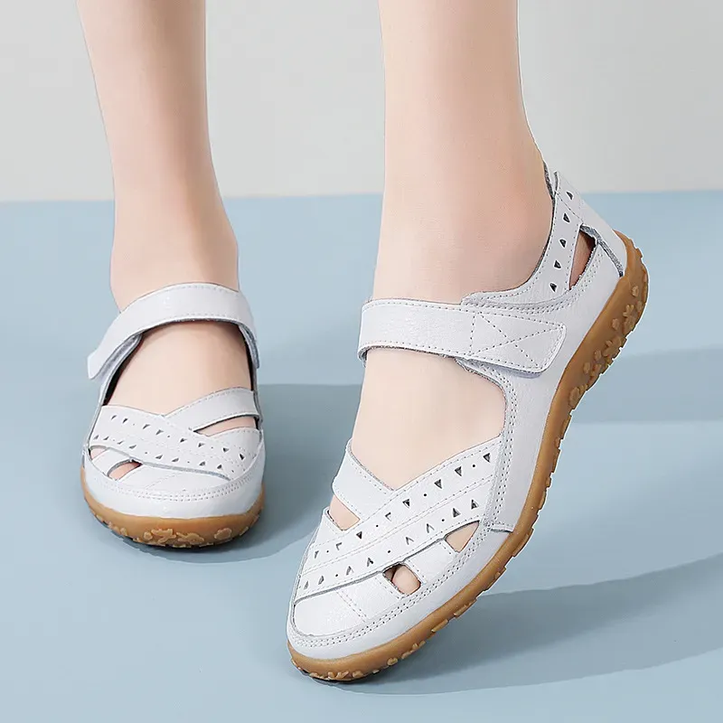 Women Fashion Casual Solid Color Hollow Hole Wedge Velcro Sandals