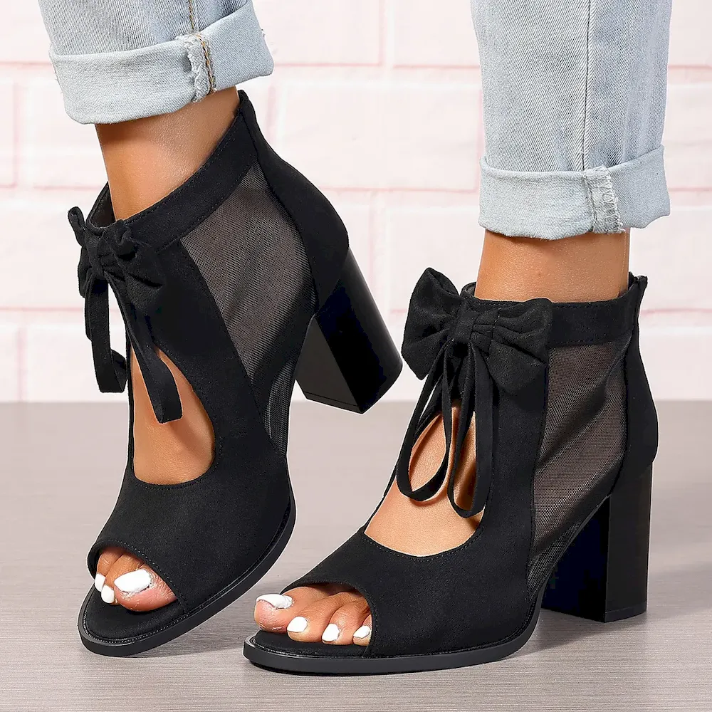 Women Fashion Elegant Mesh Hollow-Out Bowknot Peep-Toe Suede High Heels Shoes