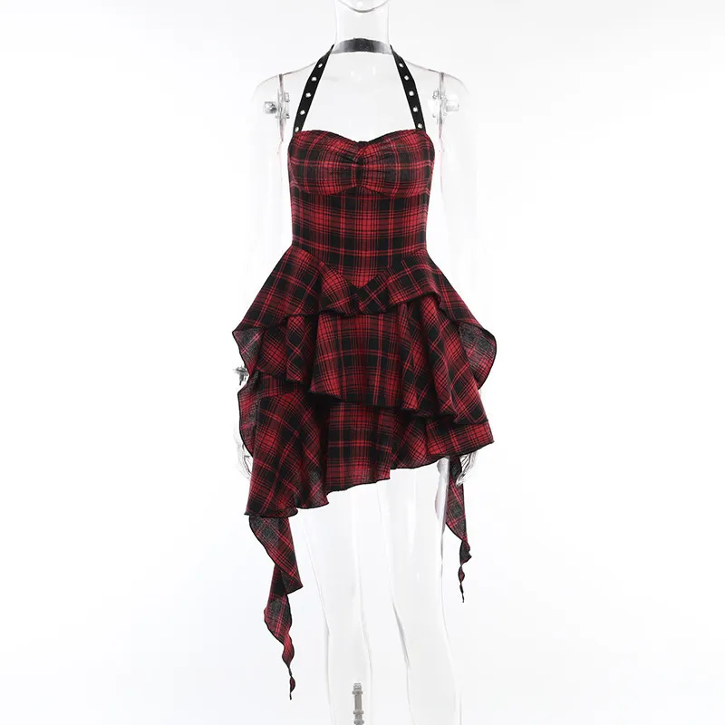 Women Fashion Sexy Gothic Irregular Ruffled Red Plaid Halter-Neck Backless Slim Fit Dress - Image 5