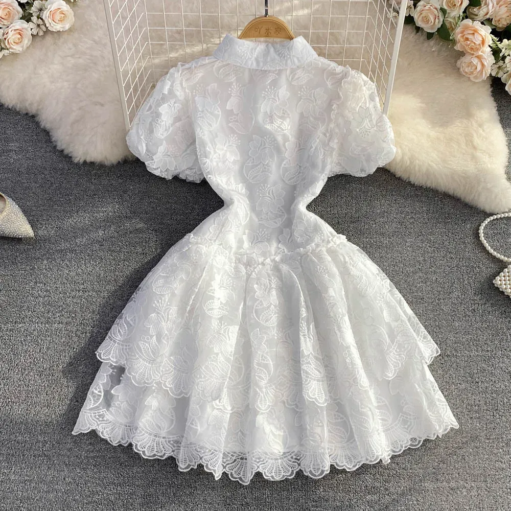 Women Fashion Elegant Lace Embroidery Lapel Single-Breasted Ruffled Dress - Image 3
